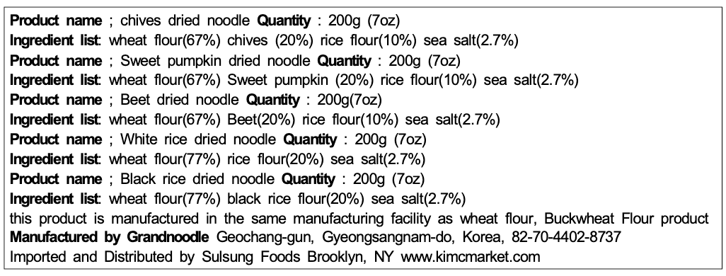 Ingredient list label for three colored noodles, including sea salt and flours
