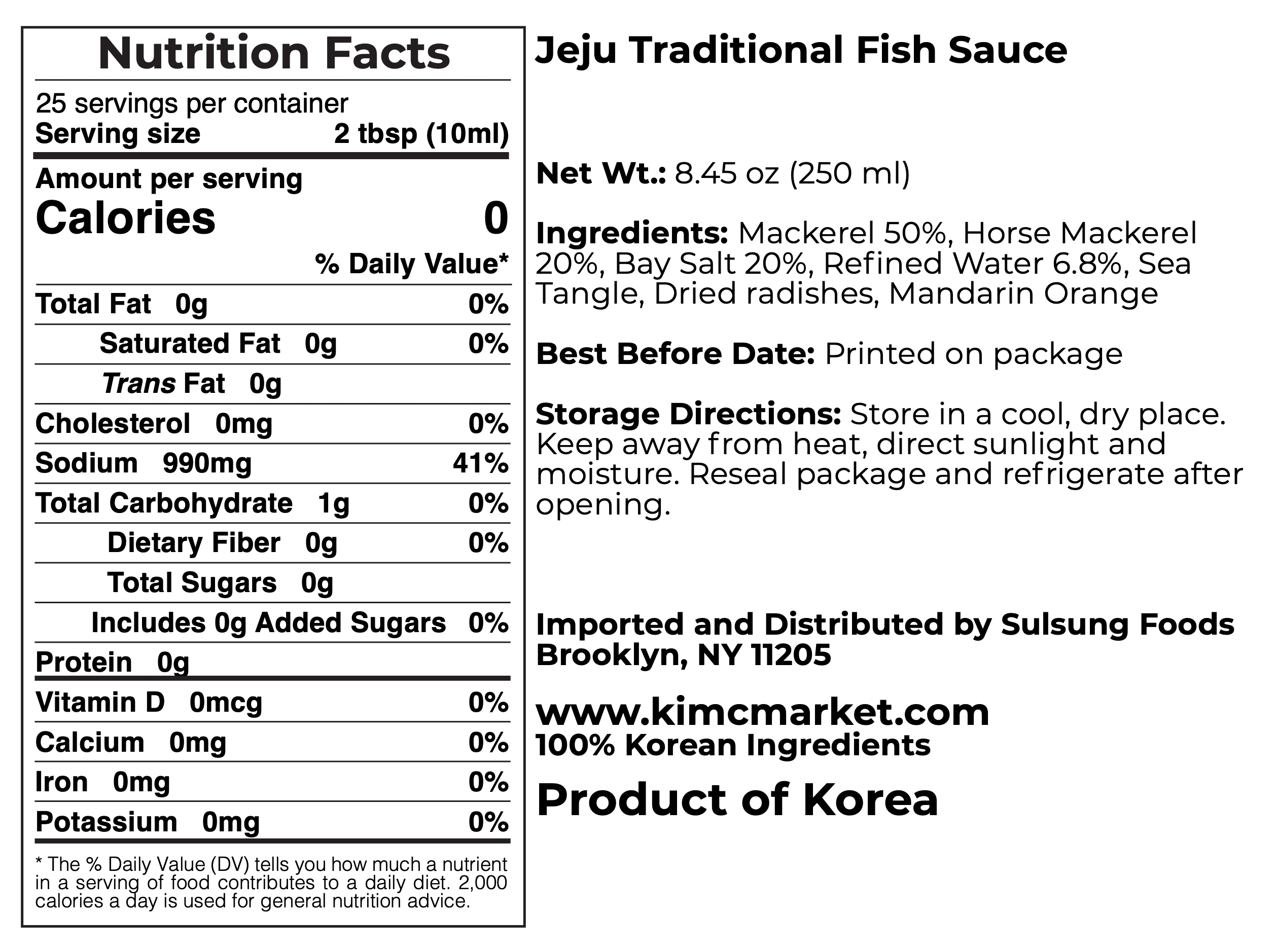 Nutrition facts and ingredients label for traditional fish sauce, 250 ml