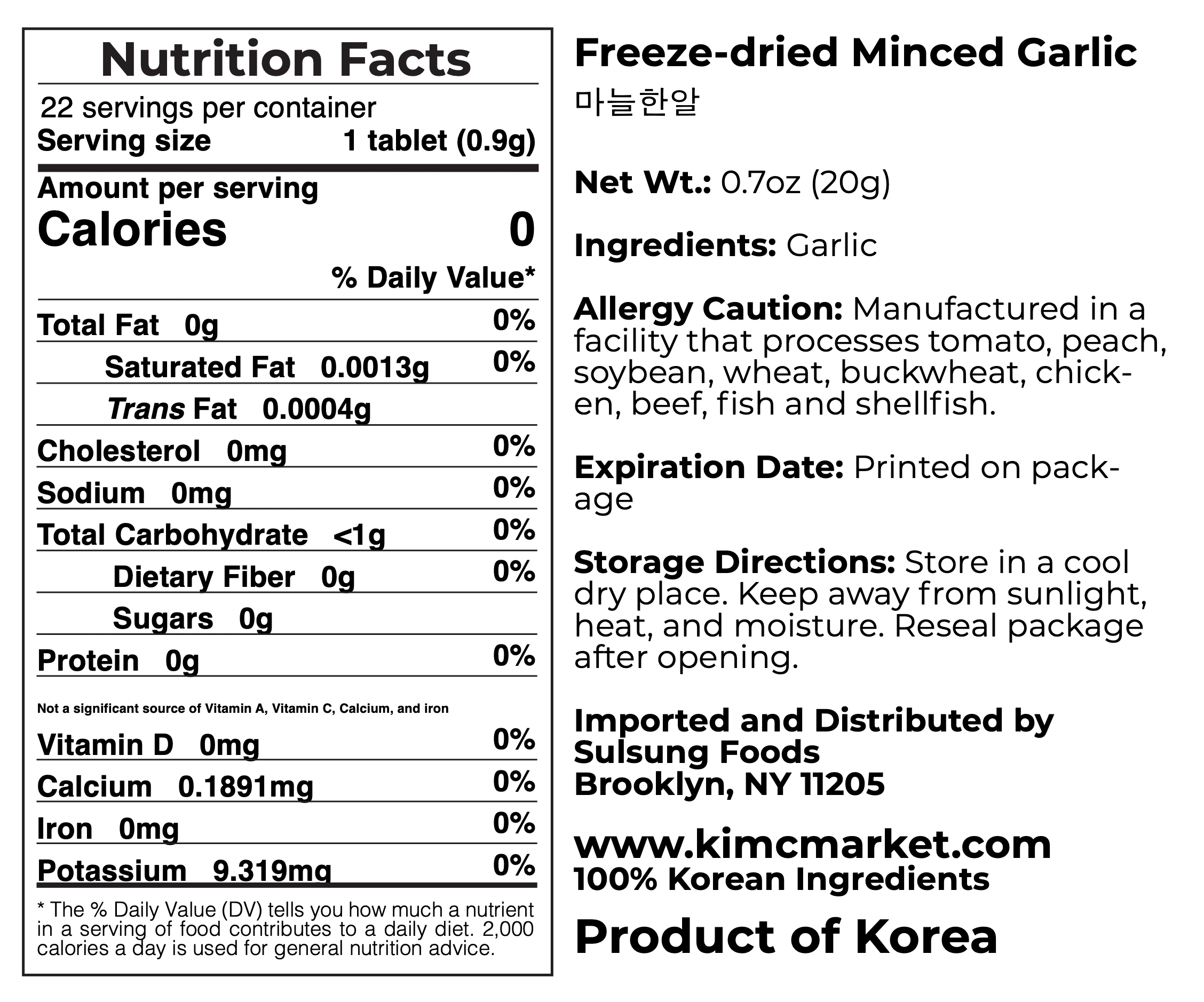 Nutrition facts label for freeze-dried minced garlic tablets, 20g net wt