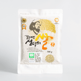 Organic green rice pouch, 500 g front with illustrated branding