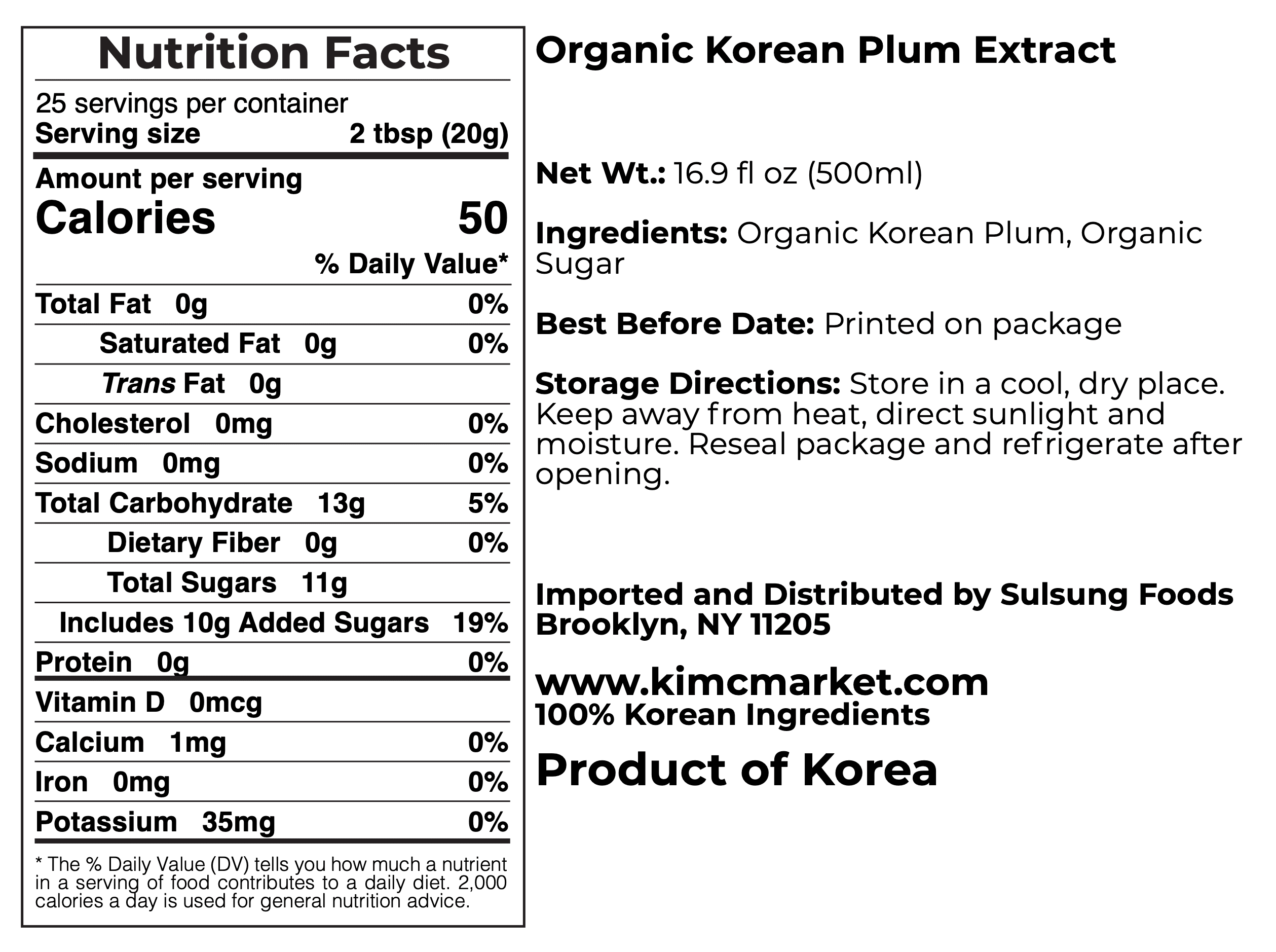 Nutrition Facts panel for organic Korean plum extract, 25 servings per container