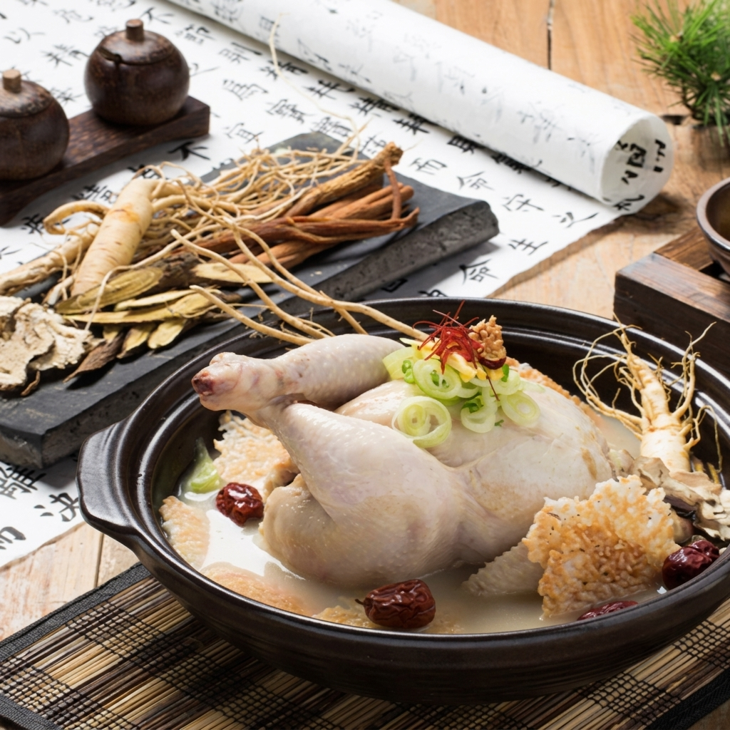 Samgyetang kit cooking pot with whole chicken and assorted herbs