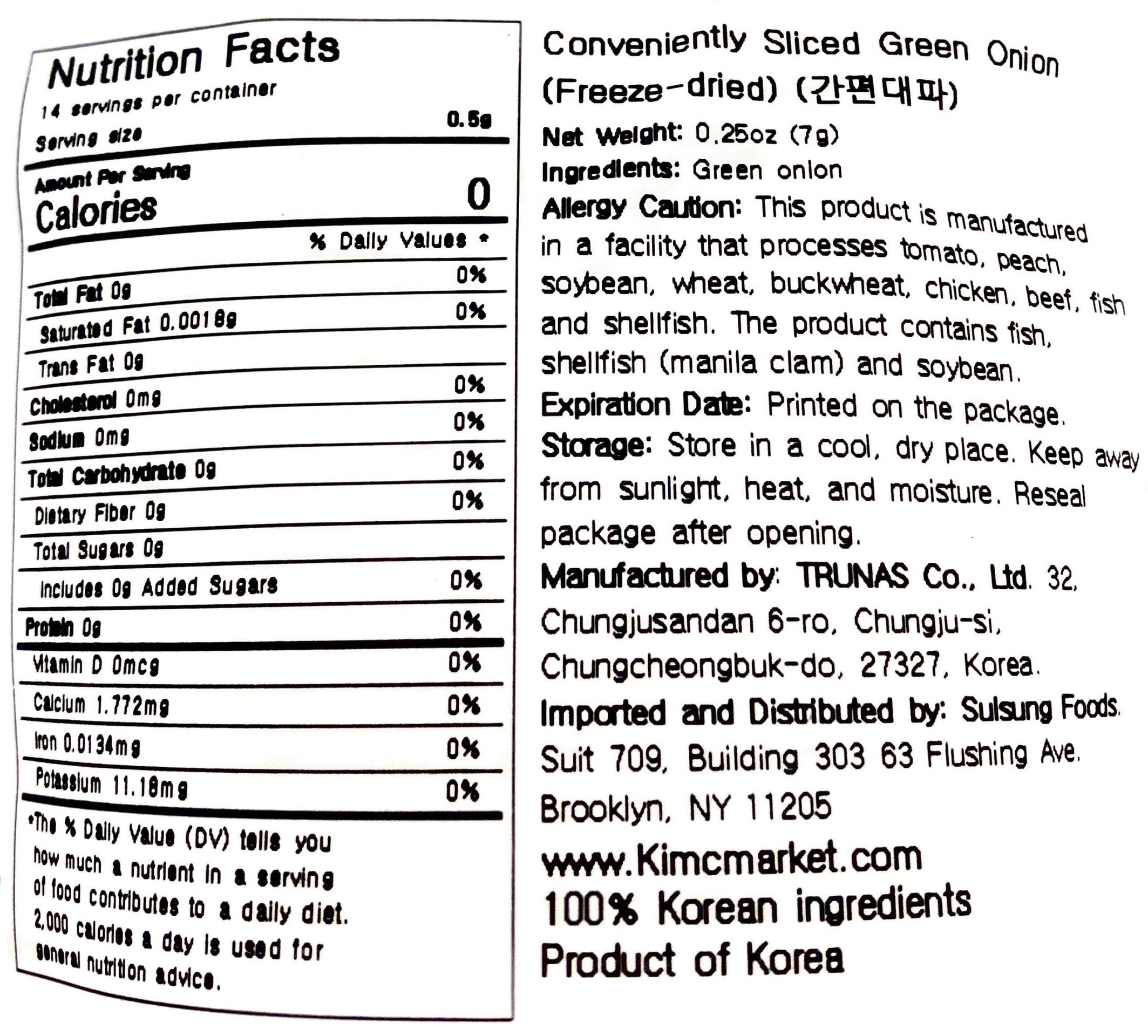Conveniently sliced green onion nutrition facts panel and ingredient list