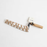 Bread knife with braided wood handle wrap and dark stamped blade with metal bolster