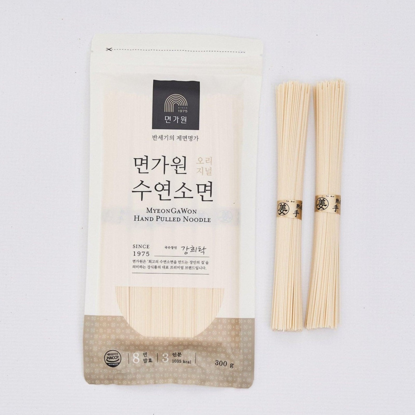 Hand pulled noodle pouch with light beige uncooked noodles, single package