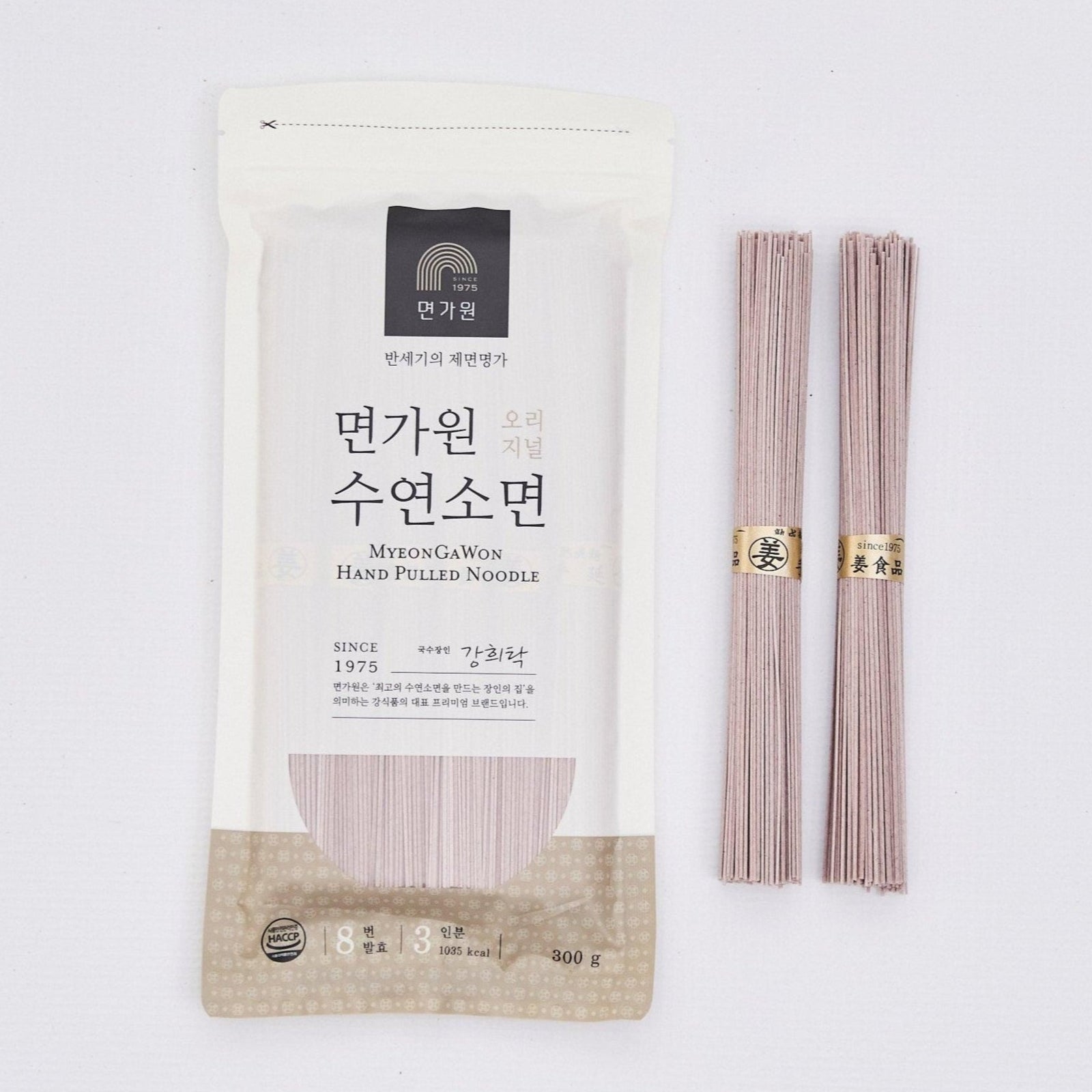 Hand pulled noodle pouch with pinkish-beige uncooked noodles, single package