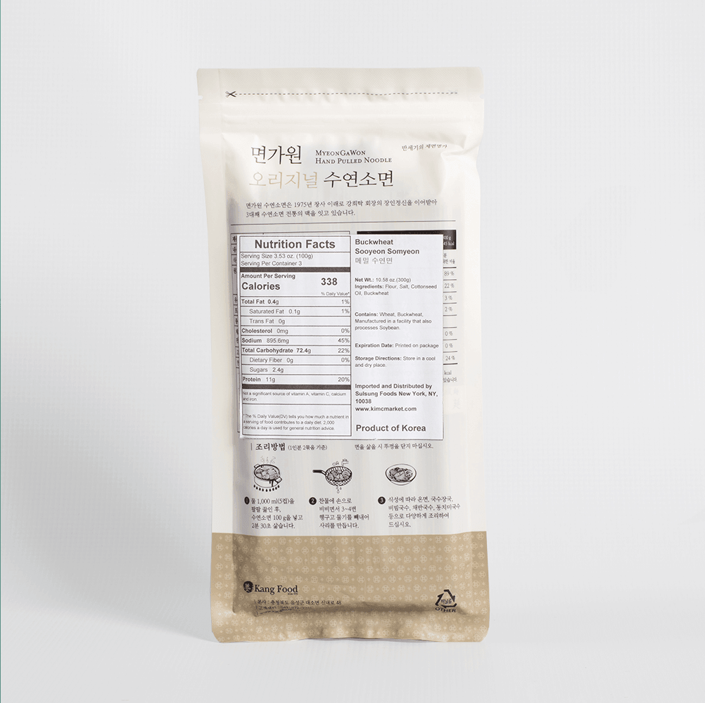 Hand pulled noodle pouch back with nutrition facts for buckwheat noodles