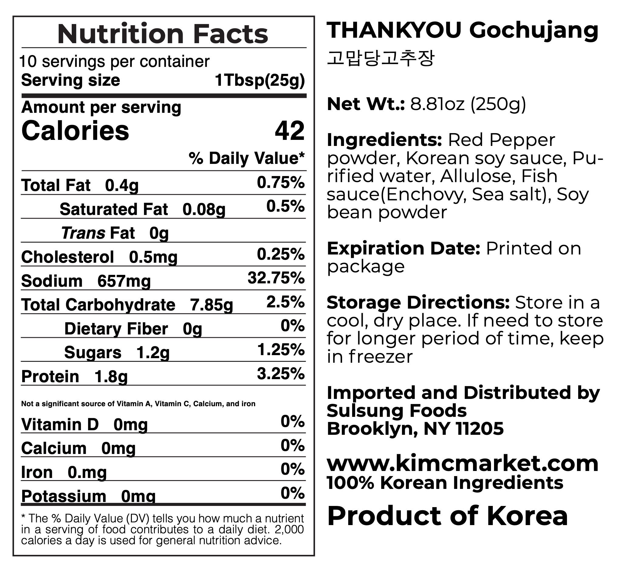 Nutrition facts label for THANKYOU Gochujang, listing ingredients and storage